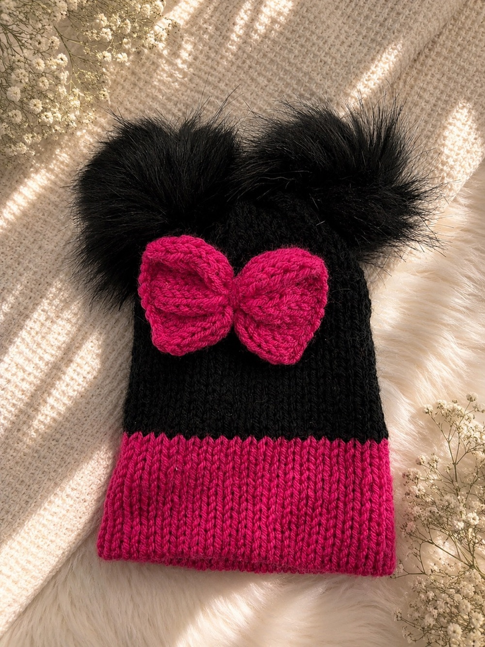 handmade baby knit beanie hat with double pom poms & pink bow